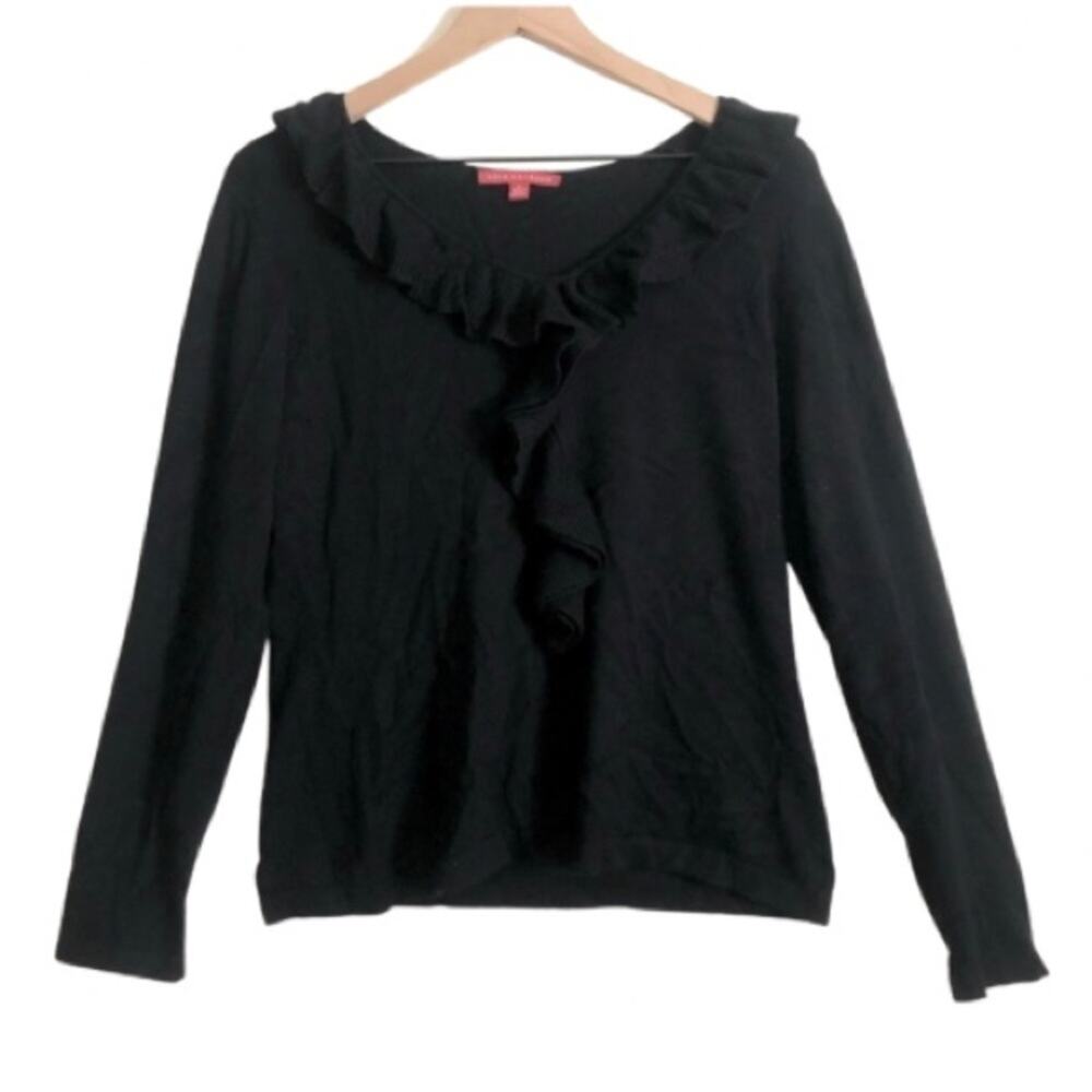 Debbie Morgan Black Long Sleeve V-Neck Ruffle Soft Knit Pullover Sweater Medium
